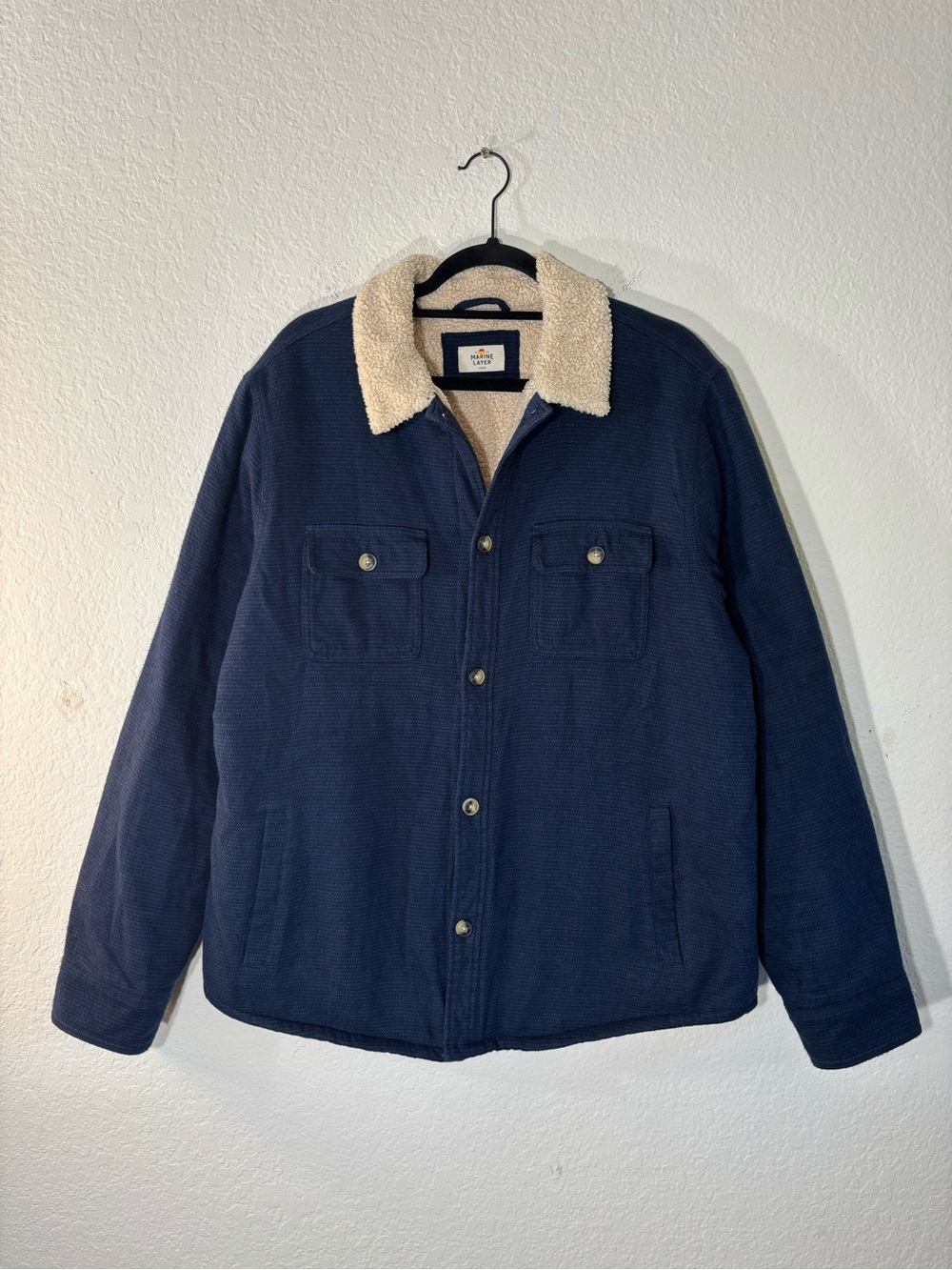 Marine Layer Sherpa Lined Camping Shirt Jacket Size Large Navy Cotton Fleece - Picture 6 of 15